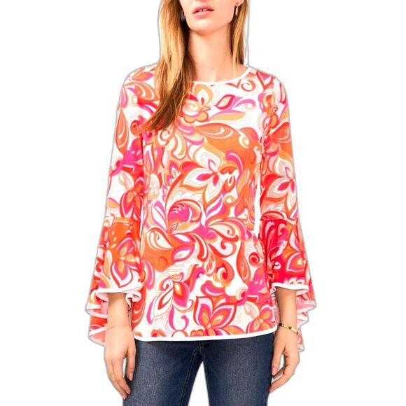 Sam and Jess 70's Vibes Orange & Pink Flower Power Paisley Bell Sleeve Blouse - Picture 2 of 12
